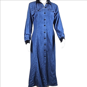 Vintage 80s 90s Blue Dream Denim Long Sleeve Black Velvet Trim Midi Shirt Dress